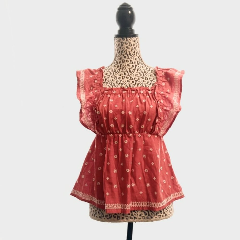 Old Navy Sleeveless Ruffled Embroidered Swing Blouse Red/Orange, NWOT- Size XS